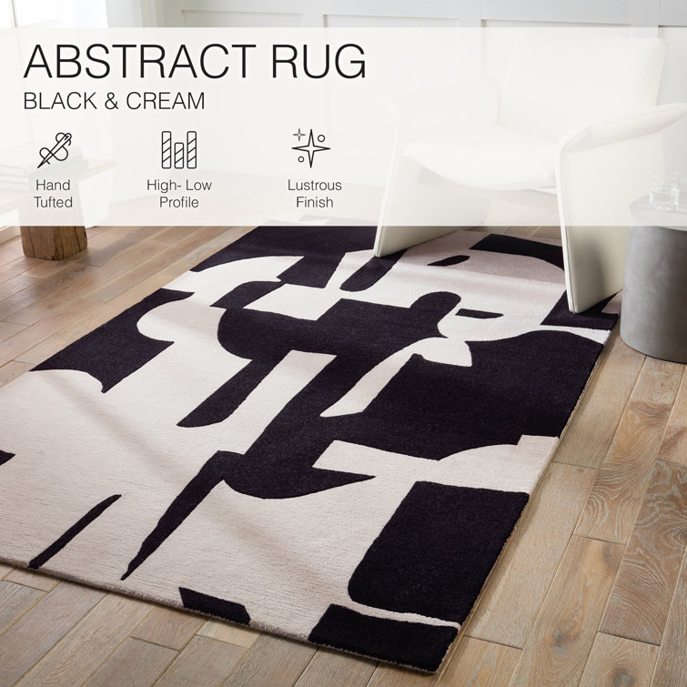Black and Cream Abstract Handmade Wool Rug 8' x 10'
