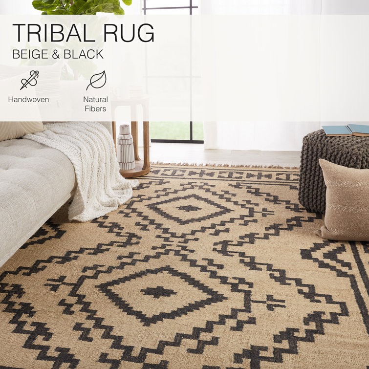 Southwestern Geometric Black and Beige Handwoven Jute Rug