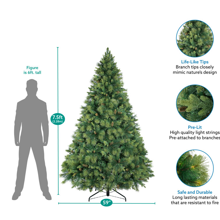 7.5 Ft Green PVC Pre-Lit Artificial Christmas Tree with Metal Stand