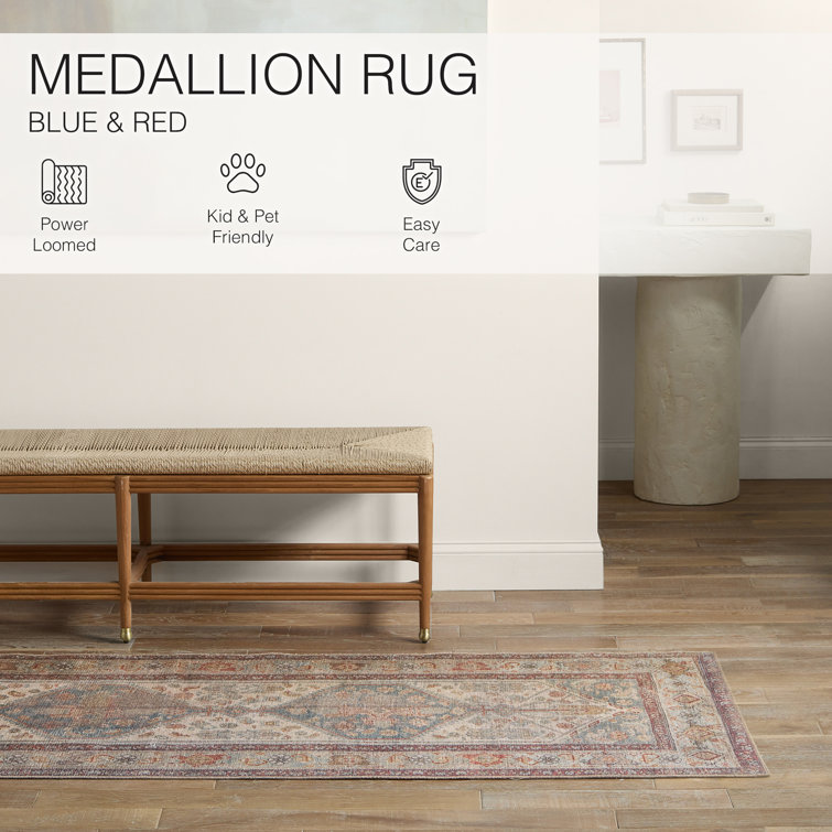 Blue and Beige Oriental Synthetic Runner Rug 2' x 6'