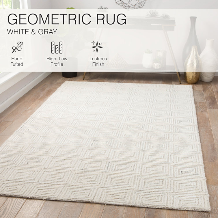 Handmade White and Gray Geometric Wool Rug 9' x 13'