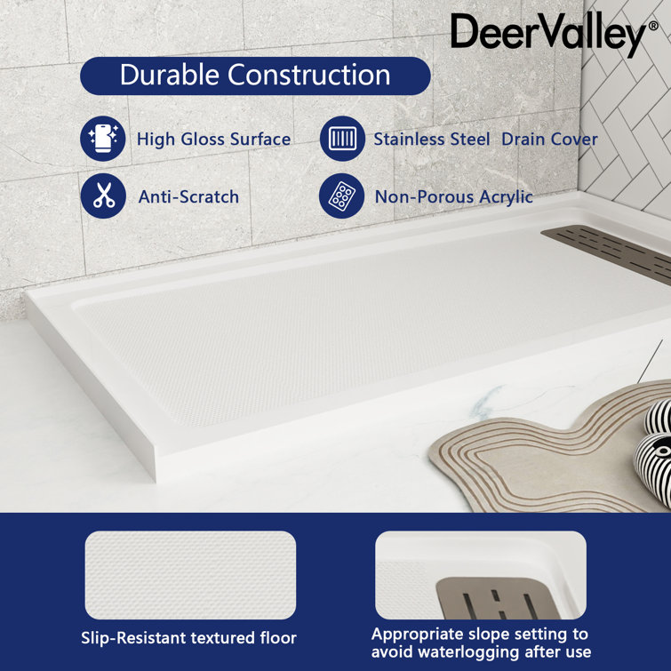 60" x 32" White Acrylic Shower Base with Stainless Steel Drain Cover