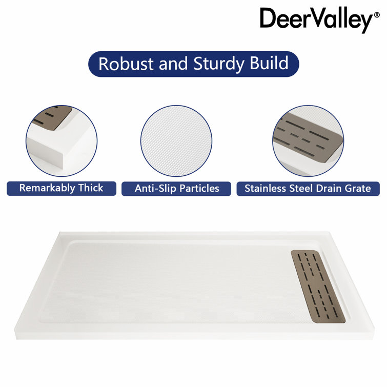 60" x 32" White Acrylic Shower Base with Stainless Steel Drain Cover