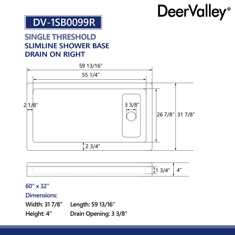 60" x 32" White Acrylic Shower Base with Stainless Steel Drain Cover