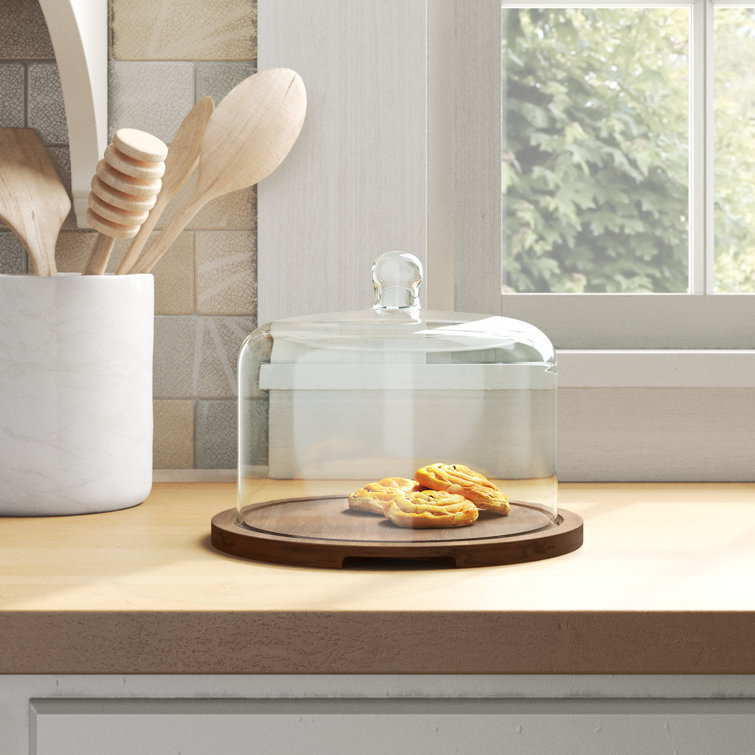 Acacia Wood Round Cake Stand with Glass Dome Lid
