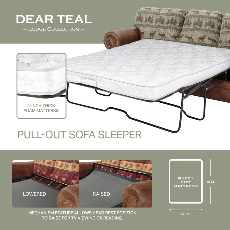 Deer Teal 4-Piece Rustic Sleeper Sofa Set with Oak Frame