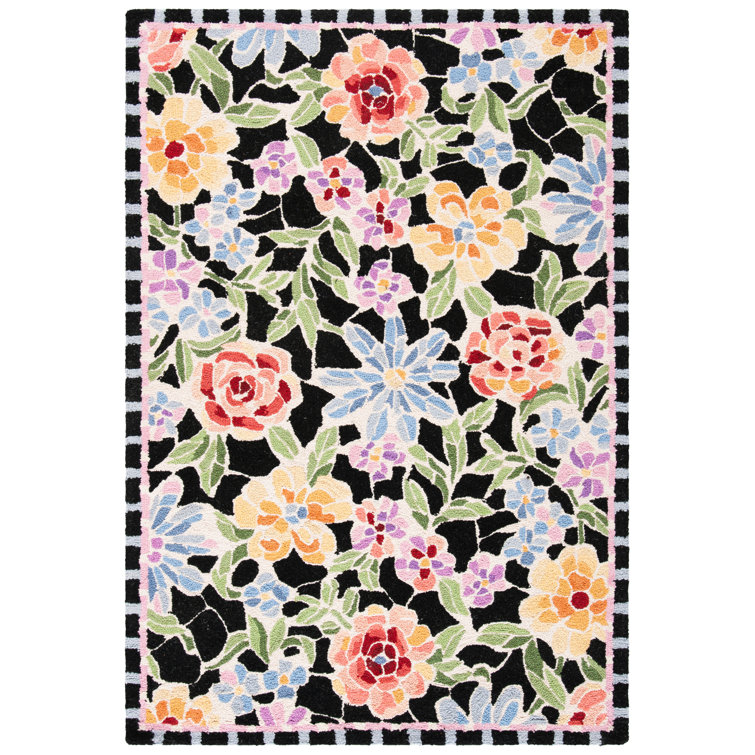 Chelsea Floral Hand-Knotted Black Wool Rectangular Rug