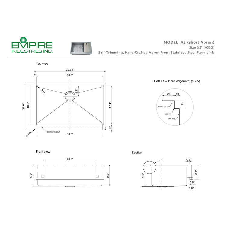 Empire 33'' Stainless Steel Farmhouse Kitchen Sink with Cutting Board