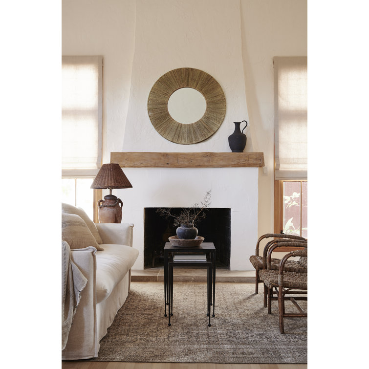 Round Brown Mango Wood Wall Mirror with Distressed Grain Accents