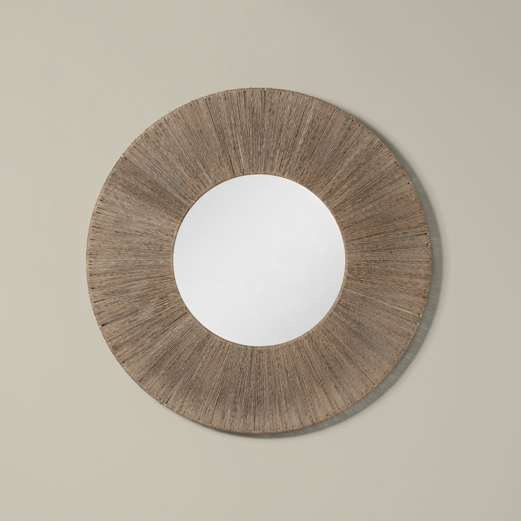 Round Brown Mango Wood Wall Mirror with Distressed Grain Accents