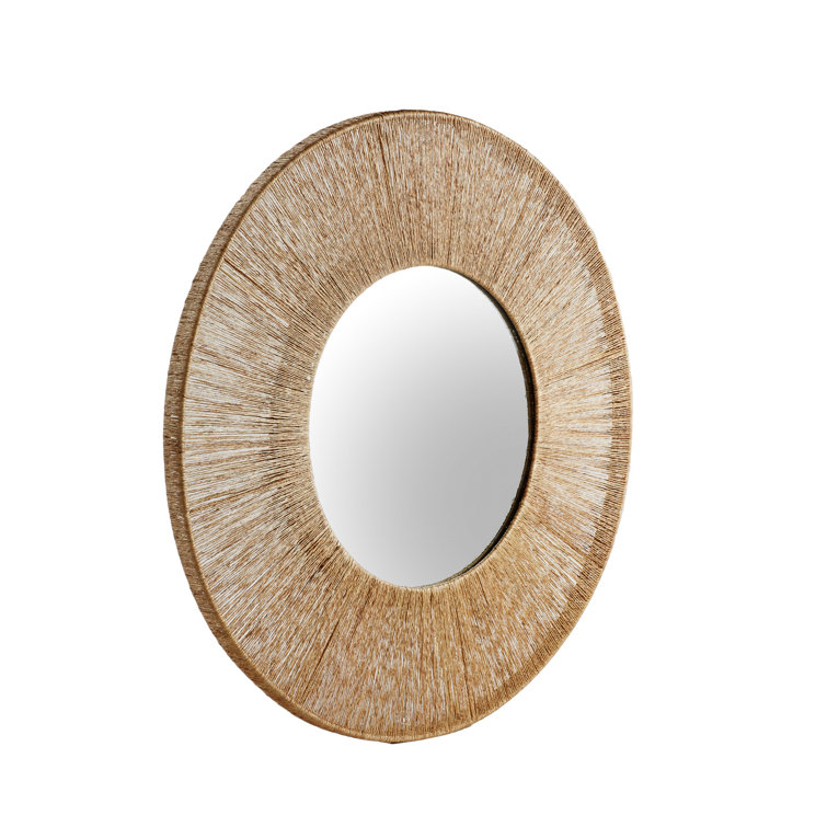 Round Brown Mango Wood Wall Mirror with Distressed Grain Accents