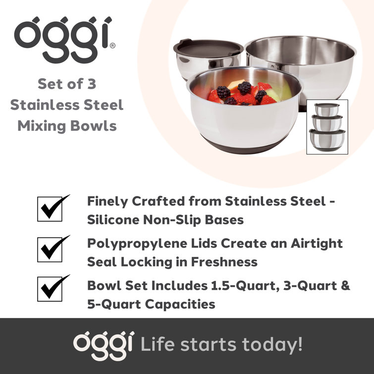 Stainless Steel Mixing Bowl Set with Lids and Non-Skid Bases