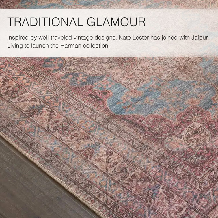 Washable Blue and Red Medallion Wool Rug