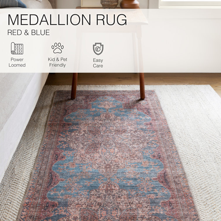 Washable Blue and Red Medallion Wool Rug