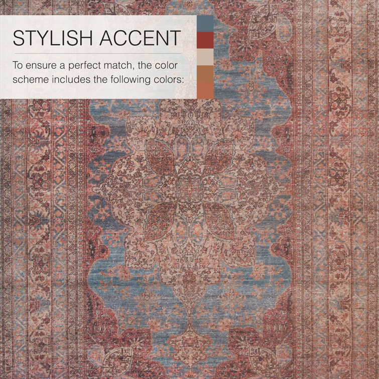 Washable Blue and Red Medallion Wool Rug