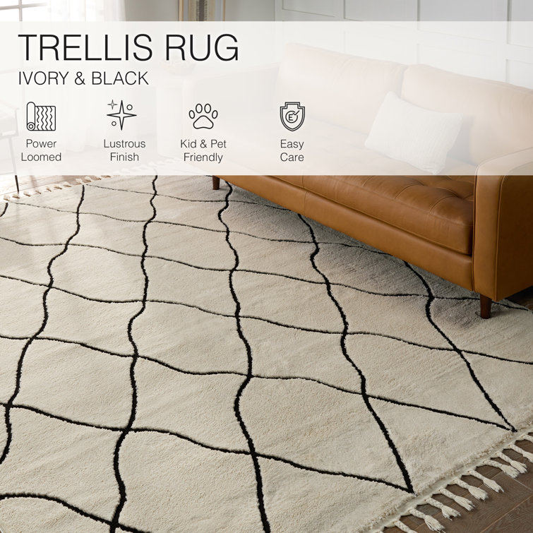 Black and Ivory Trellis Rectangular 10' x 14' Shag Rug