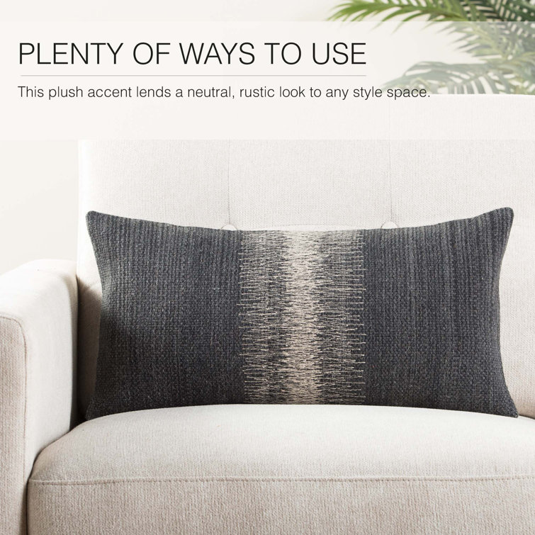 Black and Gray Embroidered Wool Lumbar Pillow 12"