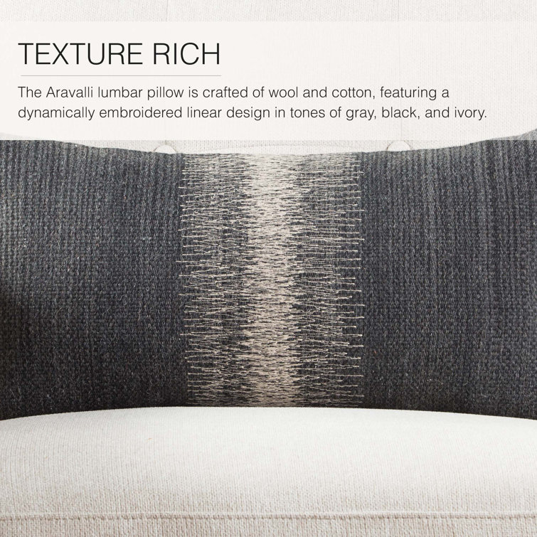 Black and Gray Embroidered Wool Lumbar Pillow 12"