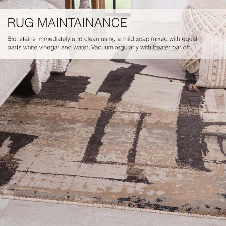 Ivory and Dark Brown Abstract Wool and Synthetic Rug 5' x 7'