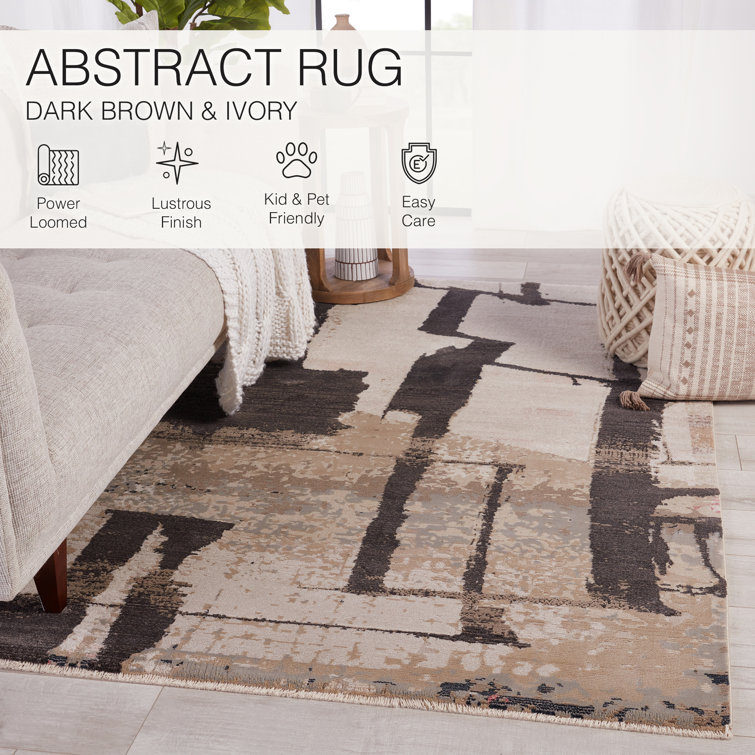 Ivory and Dark Brown Abstract Wool and Synthetic Rug 5' x 7'