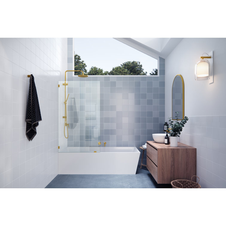 Satin Brass Frameless Fixed Panel Bathtub Door, 34" x 58.25"