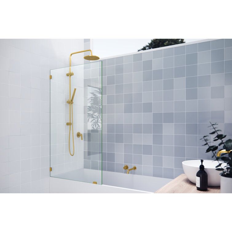Satin Brass Frameless Fixed Panel Bathtub Door, 34" x 58.25"