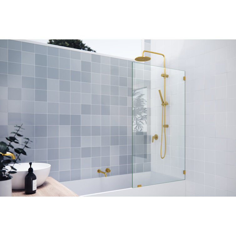 Satin Brass Frameless Fixed Panel Bathtub Door, 34" x 58.25"
