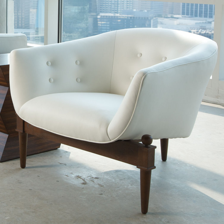 Mimi Barrel Chair in White Genuine Leather with Walnut Oak Frame