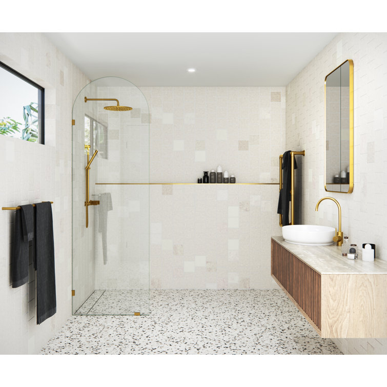 Venus 28" x 86.75" Frameless Arched Glass Shower Panel with Satin Brass Hardware