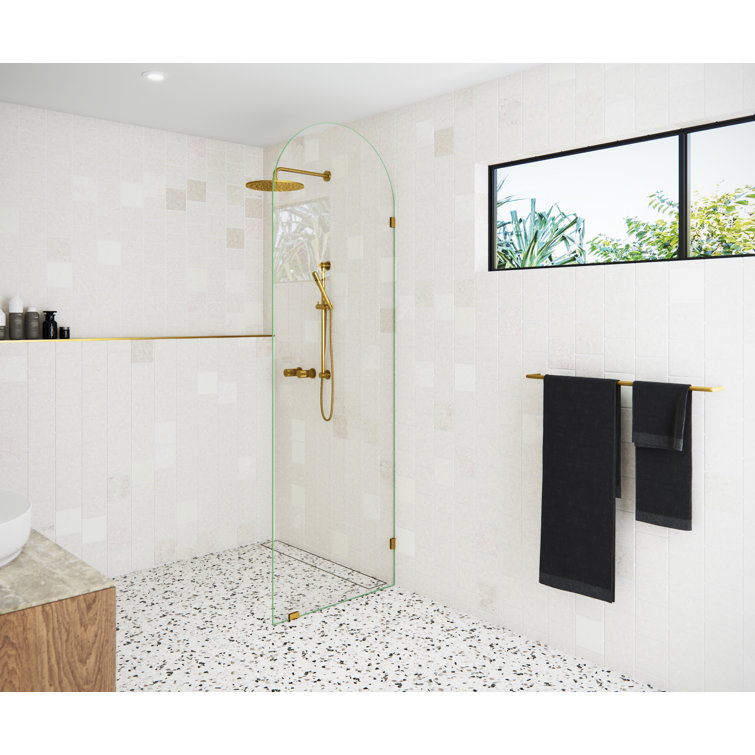 Venus 28" x 86.75" Frameless Arched Glass Shower Panel with Satin Brass Hardware