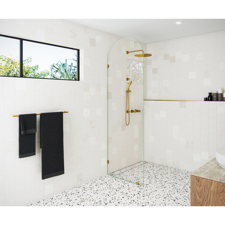 Venus 28" x 86.75" Frameless Arched Glass Shower Panel with Satin Brass Hardware