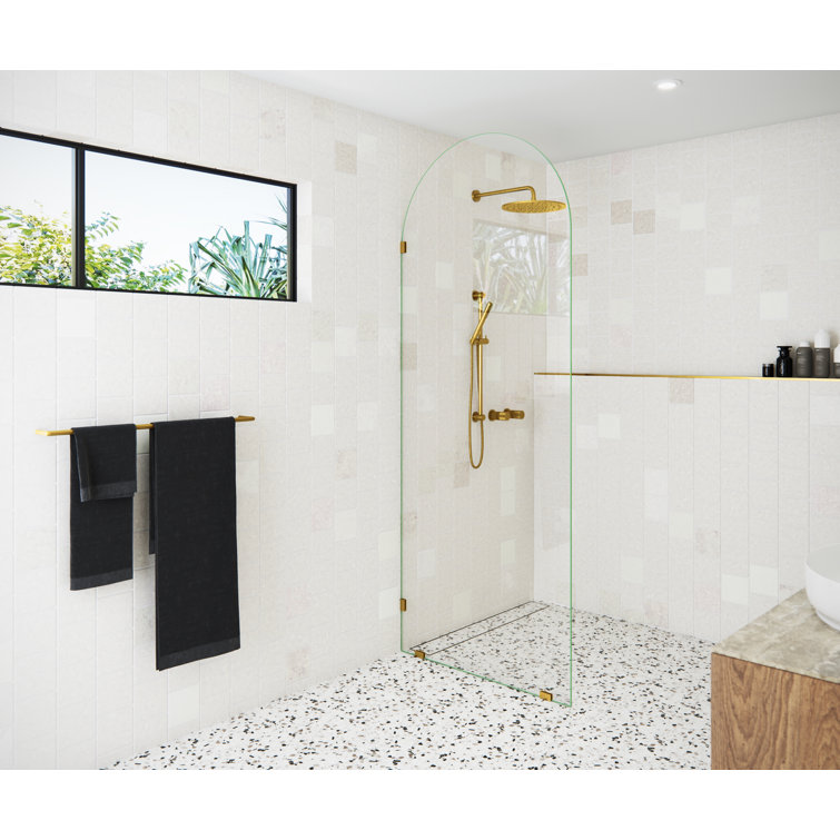 Venus 34 in. Satin Brass Frameless Arched Fixed Shower Panel
