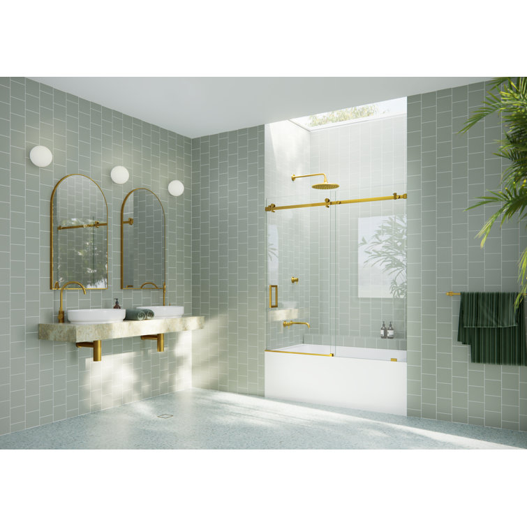 Satin Brass 60" Frameless Sliding Bathtub Door with Tempered Glass