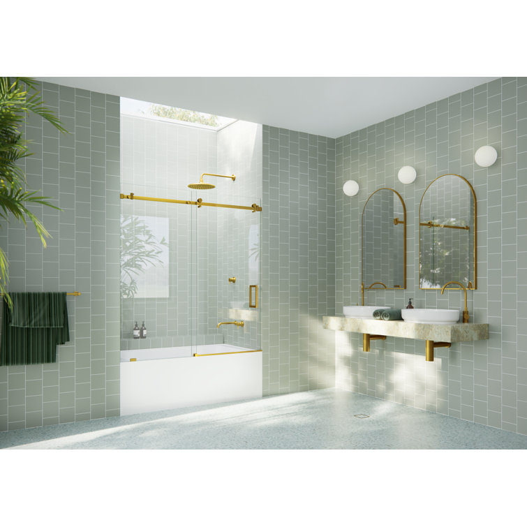 Satin Brass 60" Frameless Sliding Bathtub Door with Tempered Glass