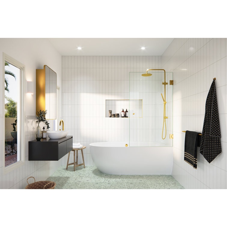 Albedo 34 in. x 58 in. Frameless Glass Bathtub Shower Door with Satin Brass Hardware