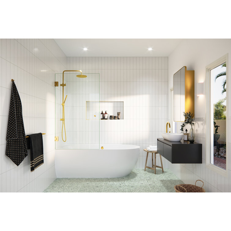 Albedo 34 in. x 58 in. Frameless Glass Bathtub Shower Door with Satin Brass Hardware