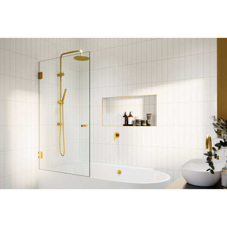 Albedo 34 in. x 58 in. Frameless Glass Bathtub Shower Door with Satin Brass Hardware