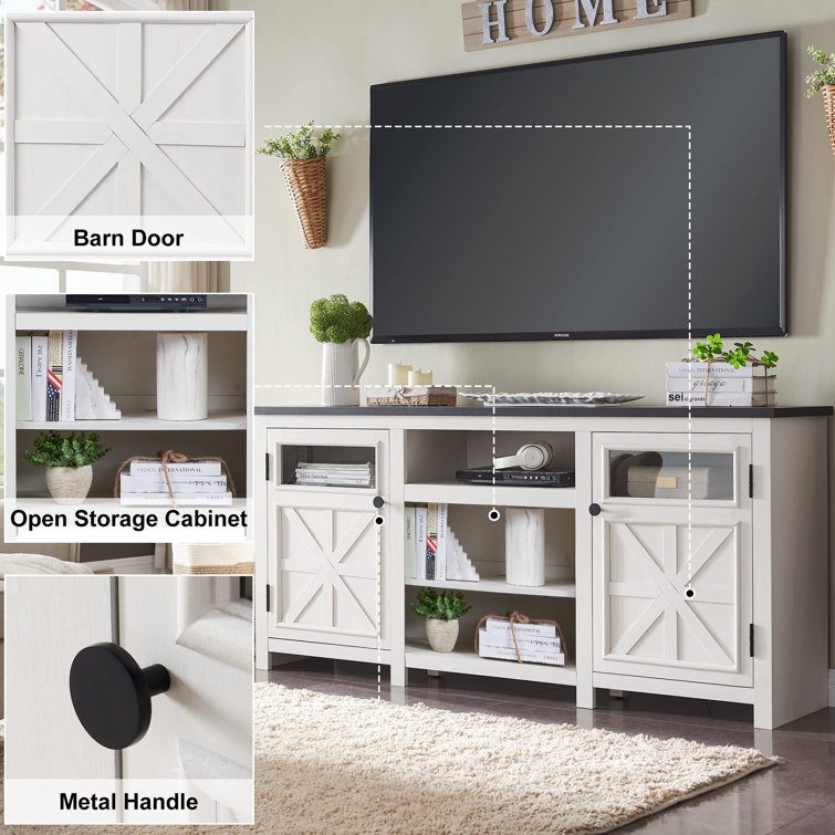 White Farmhouse TV Stand with Cabinets for 75" TVs