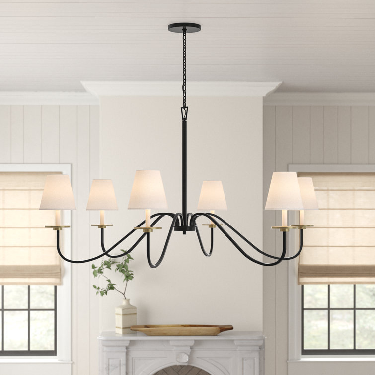 Black and Brushed Brass 6-Light Candle Chandelier with White Shades