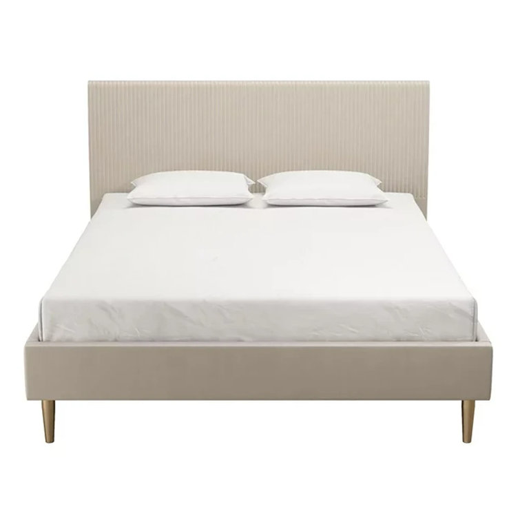 Ivory Velvet Queen Upholstered Platform Bed with Tufted Headboard
