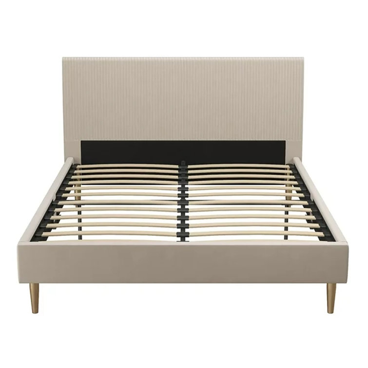 Ivory Velvet Queen Upholstered Platform Bed with Tufted Headboard