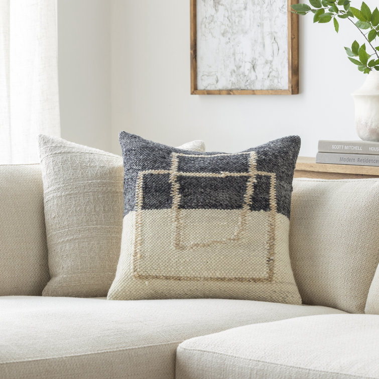 20" Black and Off-White Wool Blend Square Throw Pillow
