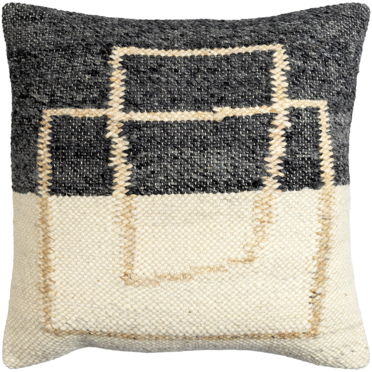20" Black and Off-White Wool Blend Square Throw Pillow