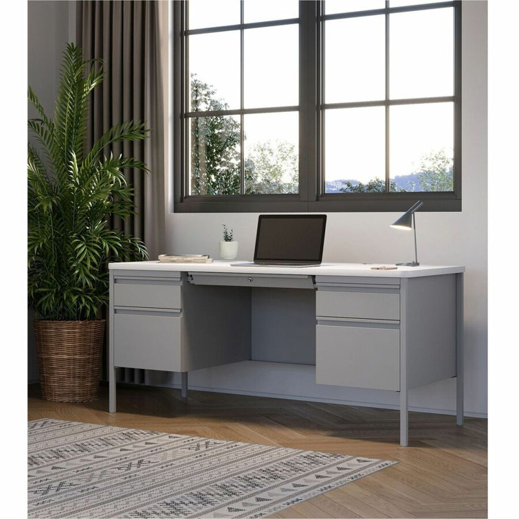 White and Gray Steel Executive Desk with Drawer
