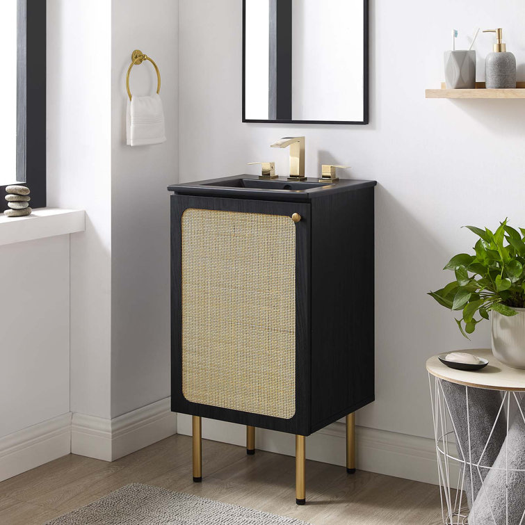 Chaucer Black and Gold Rattan Bathroom Vanity with Ceramic Basin