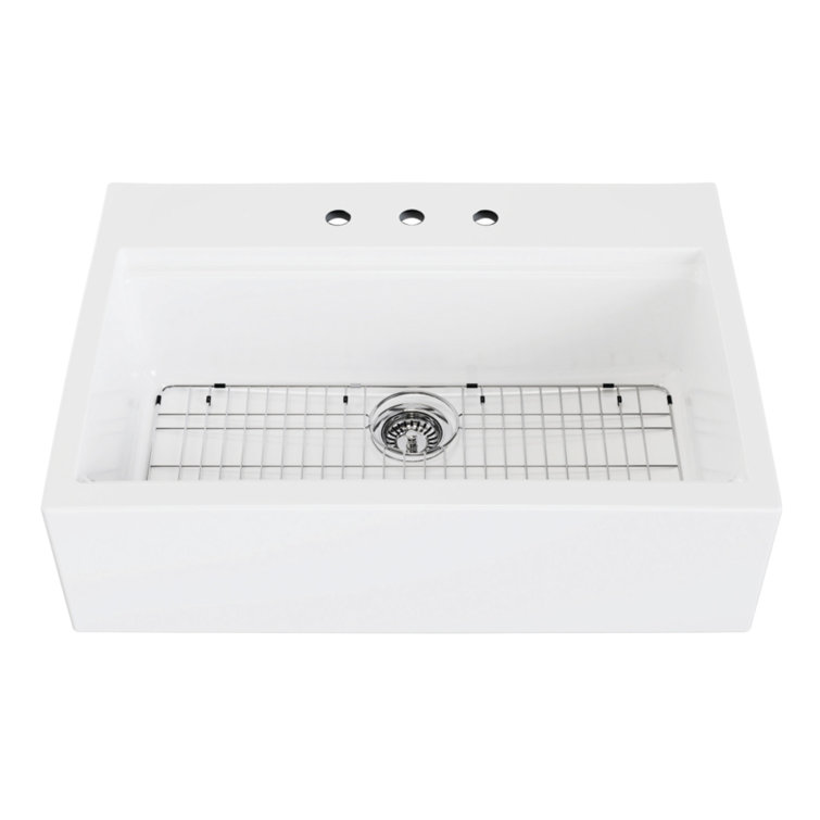 Glossy White Fireclay Farmhouse Kitchen Sink, 34-Inch Single Bowl