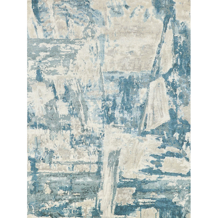 Hand-Knotted Ivory and Light Blue Synthetic 8' x 10' Area Rug