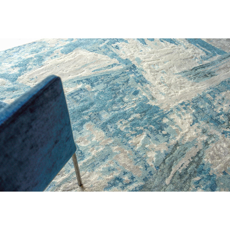 Hand-Knotted Ivory and Light Blue Synthetic 8' x 10' Area Rug