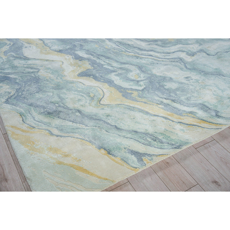 Handmade Blue and Gold Wool Blend Rectangular Area Rug 9' x 12'