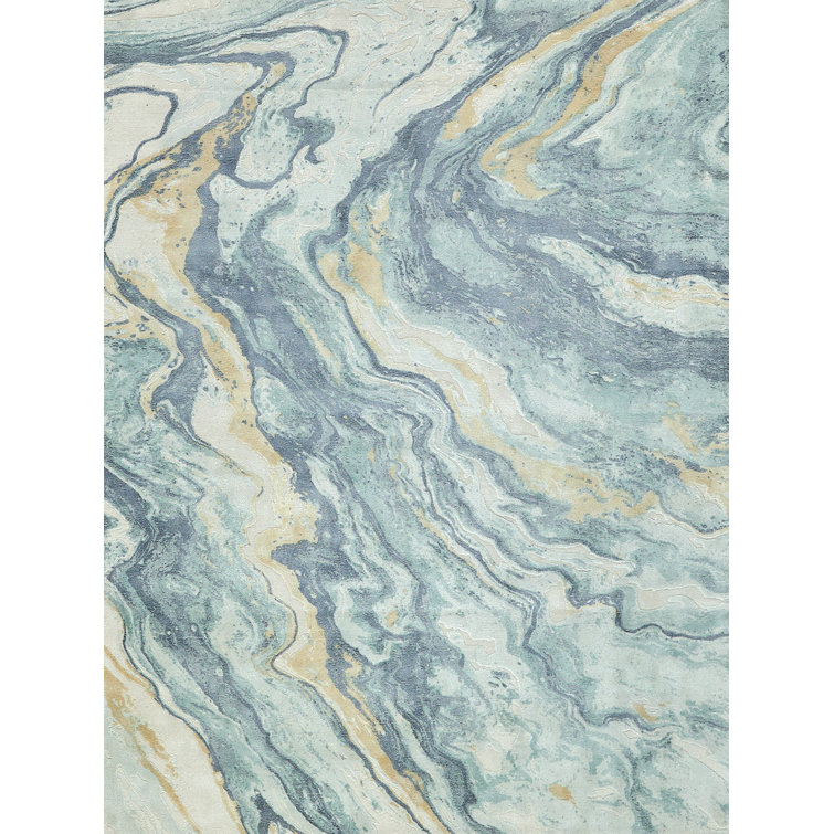 Handmade Blue and Gold Wool Blend Rectangular Area Rug 9' x 12'